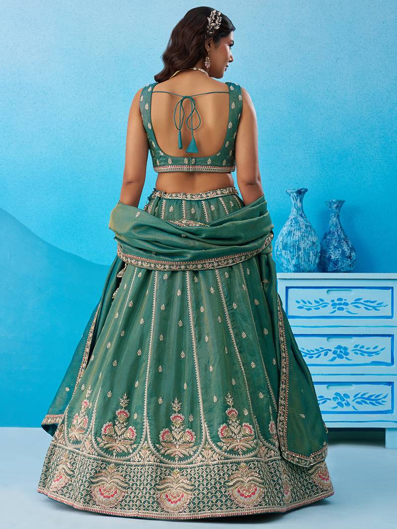 Teal- Tissue Beads & Sequins Embroidered Semi-Stitched Lehenga & Unstitched Blouse With Dupatta