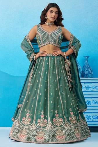 Teal- Tissue Beads & Sequins Embroidered Semi-Stitched Lehenga & Unstitched Blouse With Dupatta