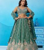 Teal- Tissue Beads & Sequins Embroidered Semi-Stitched Lehenga & Unstitched Blouse With Dupatta