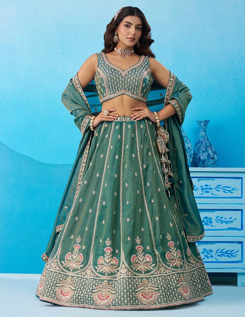 Teal- Tissue Beads & Sequins Embroidered Semi-Stitched Lehenga & Unstitched Blouse With Dupatta