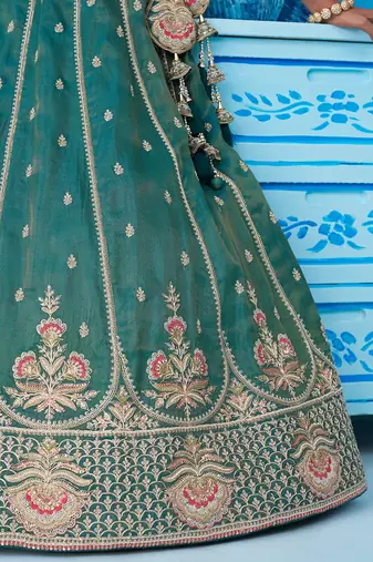 Teal- Tissue Beads & Sequins Embroidered Semi-Stitched Lehenga  & Unstitched Blouse With Dupatta