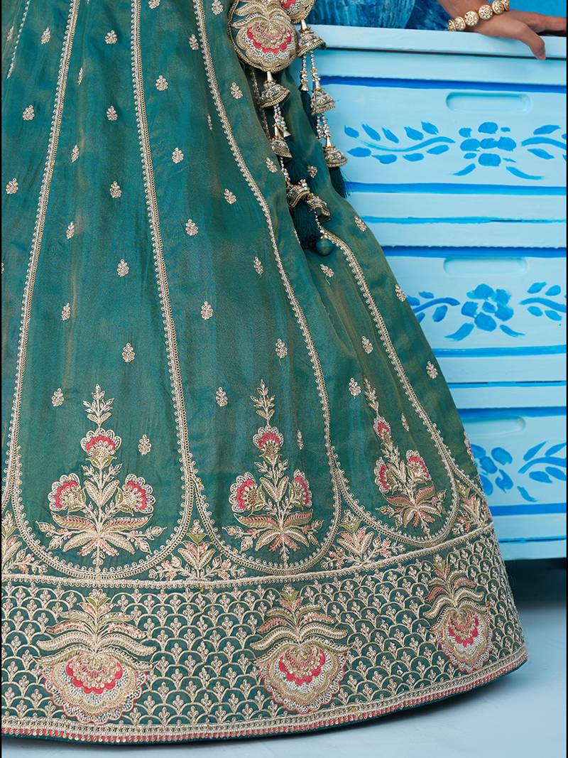 Teal- Tissue Beads & Sequins Embroidered Semi-Stitched Lehenga & Unstitched Blouse With Dupatta