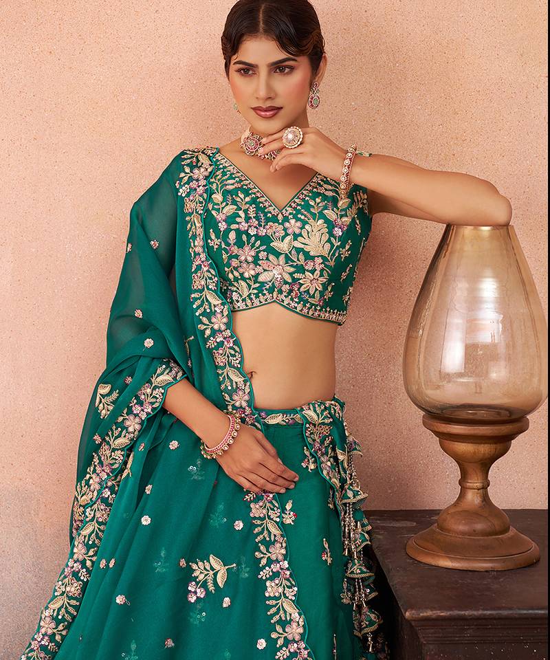 Green- Tissue Sequinned with Zari Embroidered Semi-Stitched Lehenga & Unstitched Blouse With Dupatta