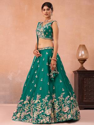 Green- Tissue Sequinned with Zari Embroidered Semi-Stitched Lehenga  & Unstitched Blouse With Dupatta 3