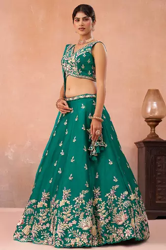 Green- Tissue Sequinned with Zari Embroidered Semi-Stitched Lehenga  & Unstitched Blouse With Dupatta