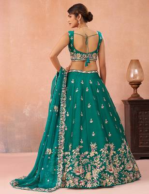 Green- Tissue Sequinned with Zari Embroidered Semi-Stitched Lehenga  & Unstitched Blouse With Dupatta 4