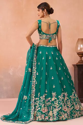 Green- Tissue Sequinned with Zari Embroidered Semi-Stitched Lehenga  & Unstitched Blouse With Dupatta
