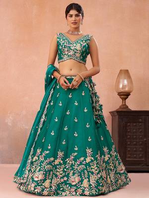 Green- Tissue Sequinned with Zari Embroidered Semi-Stitched Lehenga  & Unstitched Blouse With Dupatta 1