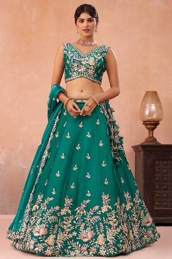 Green- Tissue Sequinned with Zari Embroidered Semi-Stitched Lehenga & Unstitched Blouse With Dupatta