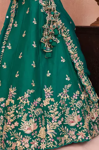 Green- Tissue Sequinned with Zari Embroidered Semi-Stitched Lehenga  & Unstitched Blouse With Dupatta