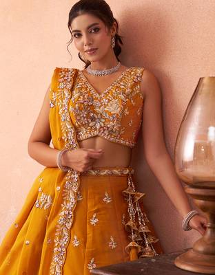 Mustard- Tissue Sequinned with Zari Embroidered Semi-Stitched Lehenga  & Unstitched Blouse With Dupatta 2