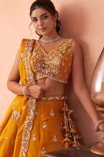 Mustard- Tissue Sequinned with Zari Embroidered Semi-Stitched Lehenga & Unstitched Blouse With Dupatta