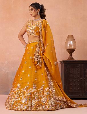 Mustard- Tissue Sequinned with Zari Embroidered Semi-Stitched Lehenga  & Unstitched Blouse With Dupatta 3