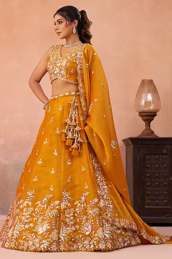 Mustard- Tissue Sequinned with Zari Embroidered Semi-Stitched Lehenga  & Unstitched Blouse With Dupatta