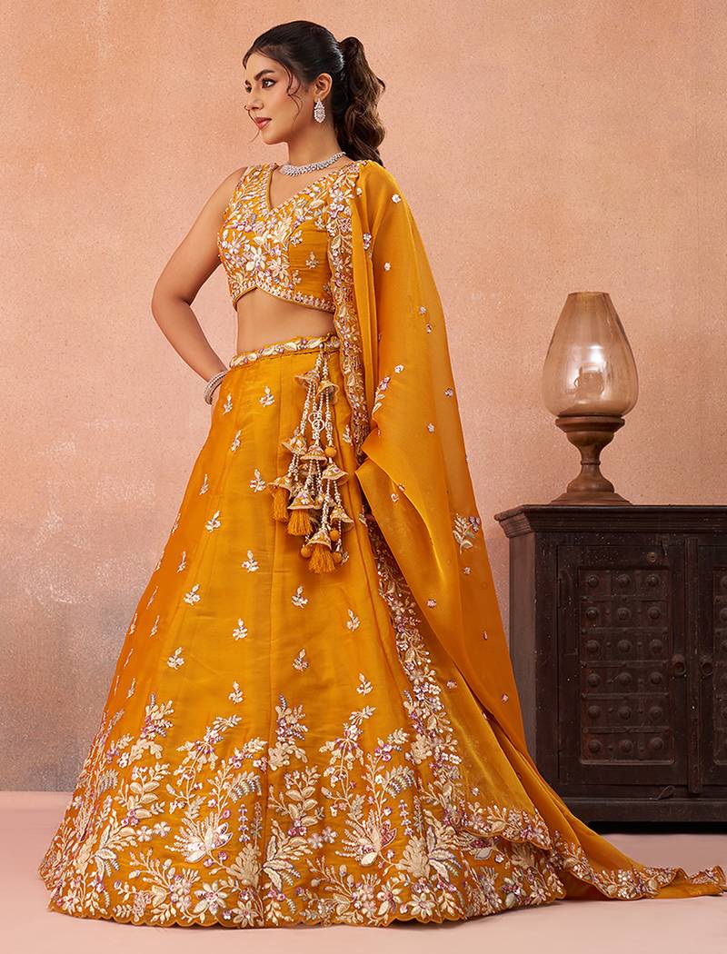 Mustard- Tissue Sequinned with Zari Embroidered Semi-Stitched Lehenga & Unstitched Blouse With Dupatta
