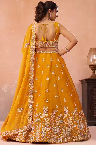 Mustard- Tissue Sequinned with Zari Embroidered Semi-Stitched Lehenga  & Unstitched Blouse With Dupatta
