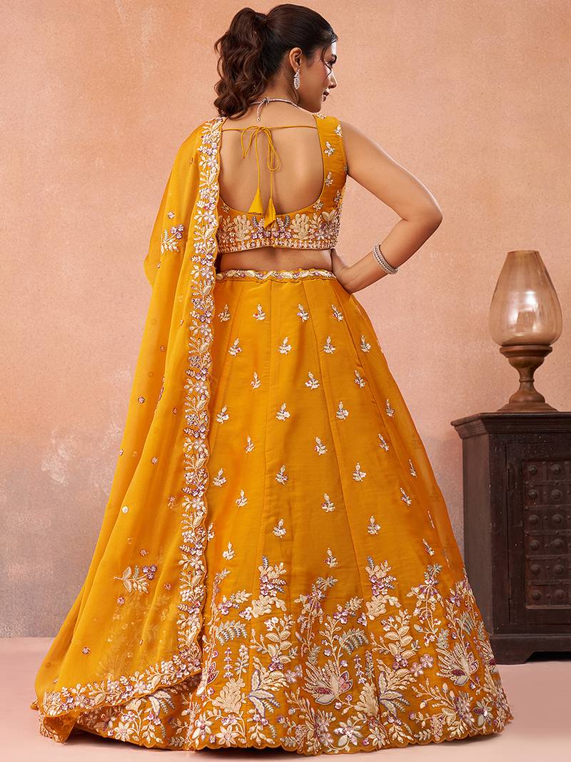 Mustard- Tissue Sequinned with Zari Embroidered Semi-Stitched Lehenga & Unstitched Blouse With Dupatta
