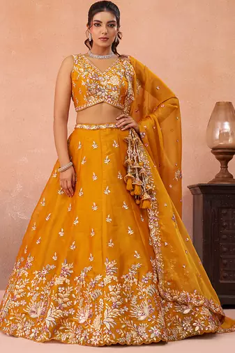 Mustard- Tissue Sequinned with Zari Embroidered Semi-Stitched Lehenga & Unstitched Blouse With Dupatta