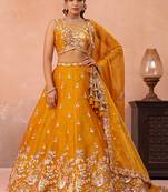 Mustard- Tissue Sequinned with Zari Embroidered Semi-Stitched Lehenga & Unstitched Blouse With Dupatta