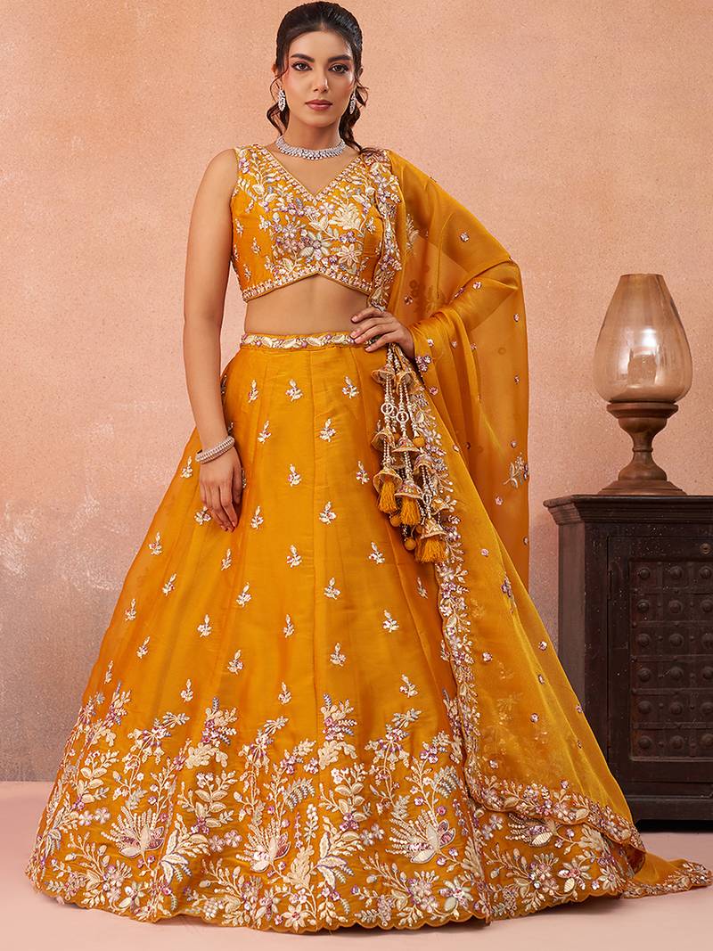 Mustard- Tissue Sequinned with Zari Embroidered Semi-Stitched Lehenga & Unstitched Blouse With Dupatta