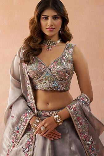 Lavender- Tissue Sequinned with Zarkan Embroidered Semi-Stitched Lehenga & Unstitched Blouse With Dupatta