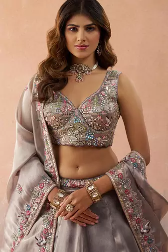 Lavender- Tissue Sequinned with Zarkan Embroidered Semi-Stitched Lehenga & Unstitched Blouse With Dupatta