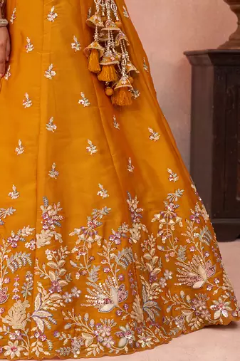Mustard- Tissue Sequinned with Zari Embroidered Semi-Stitched Lehenga  & Unstitched Blouse With Dupatta