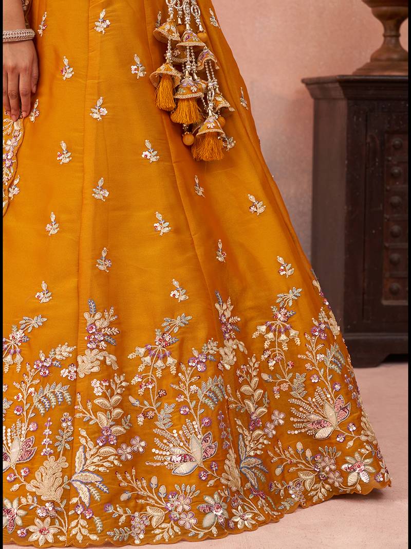 Mustard- Tissue Sequinned with Zari Embroidered Semi-Stitched Lehenga & Unstitched Blouse With Dupatta