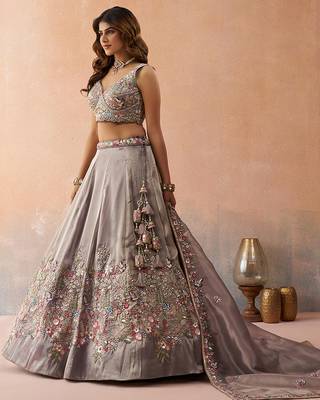 Lavender- Tissue Sequinned with Zarkan Embroidered Semi-Stitched Lehenga  & Unstitched Blouse With Dupatta 3