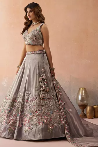 Lavender- Tissue Sequinned with Zarkan Embroidered Semi-Stitched Lehenga & Unstitched Blouse With Dupatta