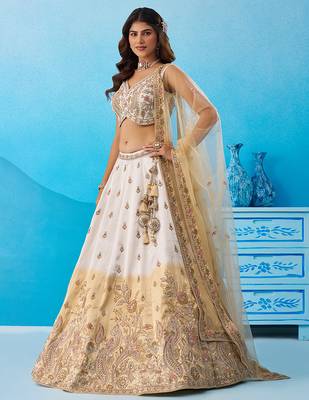 Tissue Beads & Sequins Embroidered Omber Beige and Cream Semi-Stitched Lehenga choli & Dupatta 3
