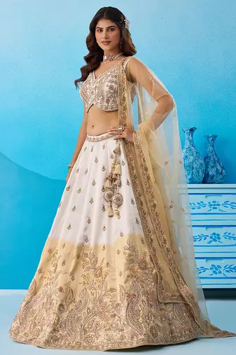 Tissue Beads & Sequins Embroidered Omber Beige and Cream Semi-Stitched Lehenga choli & Dupatta