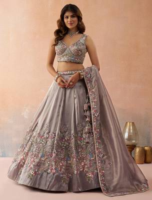 Lavender- Tissue Sequinned with Zarkan Embroidered Semi-Stitched Lehenga  & Unstitched Blouse With Dupatta 1