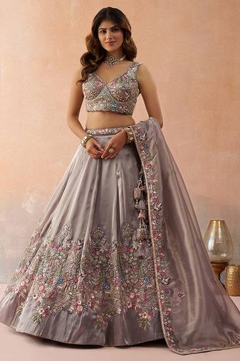 Lavender- Tissue Sequinned with Zarkan Embroidered Semi-Stitched Lehenga & Unstitched Blouse With Dupatta