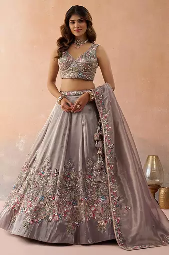 Lavender- Tissue Sequinned with Zarkan Embroidered Semi-Stitched Lehenga & Unstitched Blouse With Dupatta