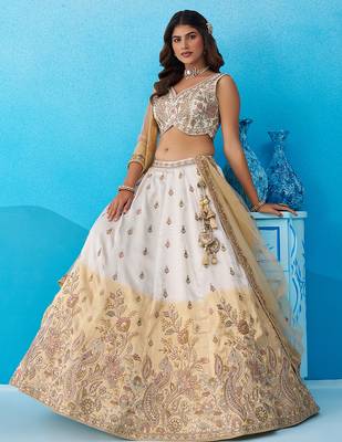 Tissue Beads & Sequins Embroidered Omber Beige and Cream Semi-Stitched Lehenga choli & Dupatta 1