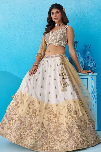 Tissue Beads & Sequins Embroidered Omber Beige and Cream Semi-Stitched Lehenga choli & Dupatta