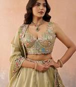 Beige- Tissue Sequinned with Zarkan Embroidered Semi-Stitched Lehenga & Unstitched Blouse With Dupatta