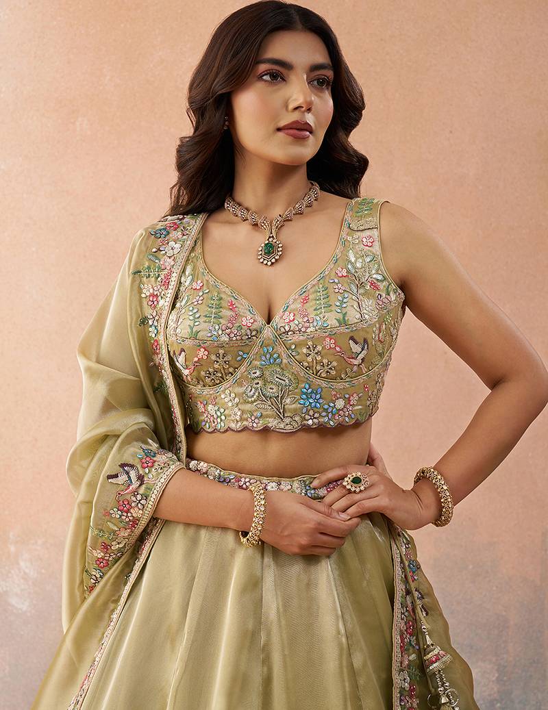 Beige- Tissue Sequinned with Zarkan Embroidered Semi-Stitched Lehenga & Unstitched Blouse With Dupatta