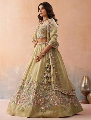 Beige- Tissue Sequinned with Zarkan Embroidered Semi-Stitched Lehenga  & Unstitched Blouse With Dupatta 3