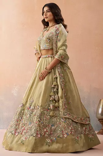 Beige- Tissue Sequinned with Zarkan Embroidered Semi-Stitched Lehenga & Unstitched Blouse With Dupatta
