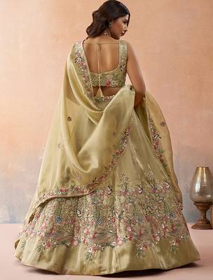 Beige- Tissue Sequinned with Zarkan Embroidered Semi-Stitched Lehenga  & Unstitched Blouse With Dupatta 4