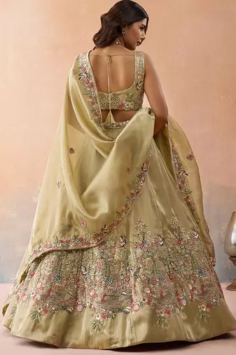 Beige- Tissue Sequinned with Zarkan Embroidered Semi-Stitched Lehenga & Unstitched Blouse With Dupatta