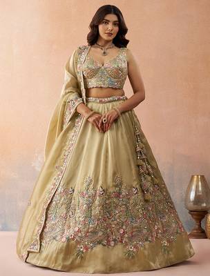 Beige- Tissue Sequinned with Zarkan Embroidered Semi-Stitched Lehenga  & Unstitched Blouse With Dupatta 1