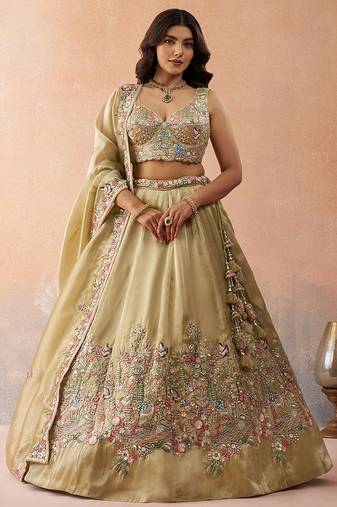 Beige- Tissue Sequinned with Zarkan Embroidered Semi-Stitched Lehenga & Unstitched Blouse With Dupatta