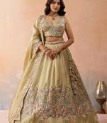Beige- Tissue Sequinned with Zarkan Embroidered Semi-Stitched Lehenga & Unstitched Blouse With Dupatta
