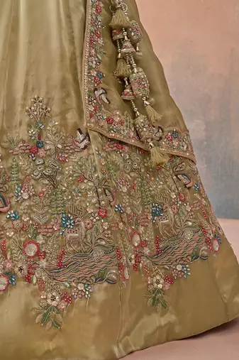 Beige- Tissue Sequinned with Zarkan Embroidered Semi-Stitched Lehenga & Unstitched Blouse With Dupatta