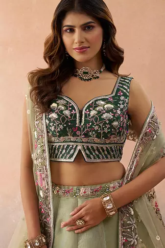Green- Net Sequins Embroidered Omber Green and LimeGreen Semi-Stitched Lehenga choli & Dupatta