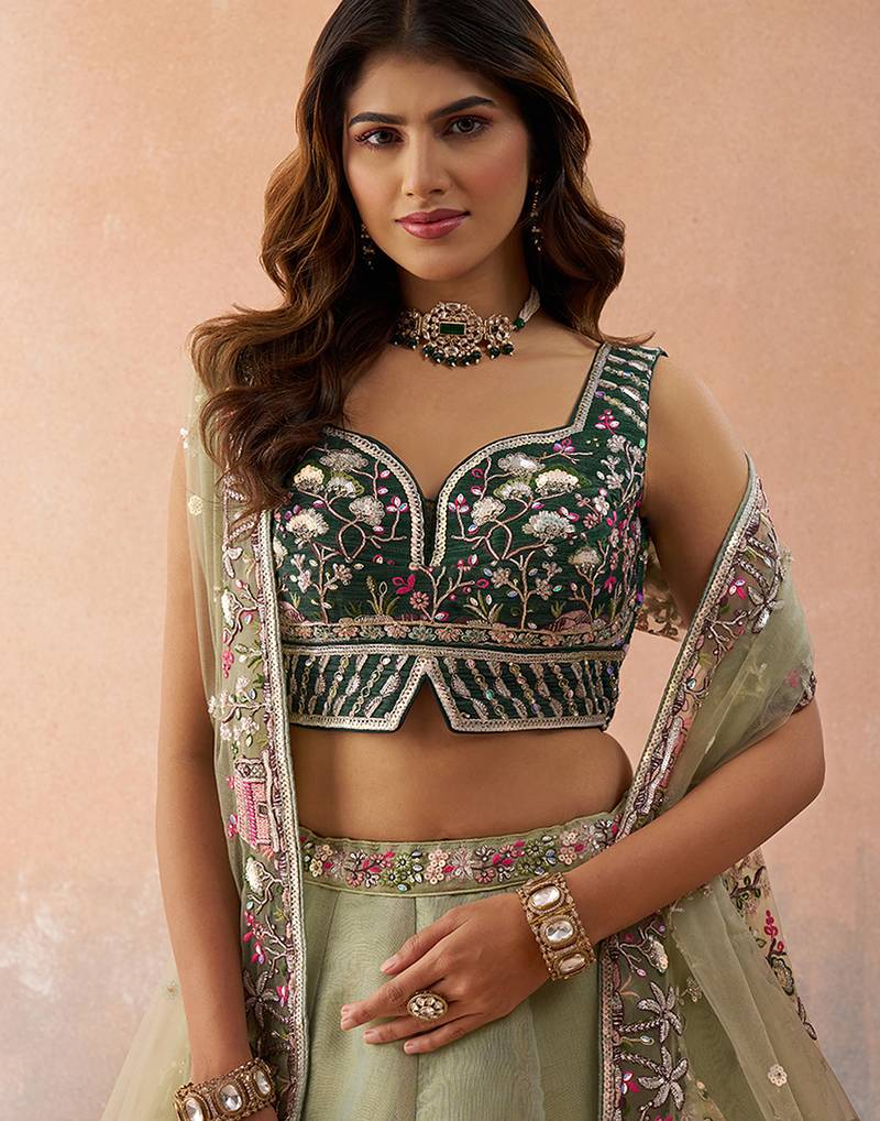 Green- Net Sequins Embroidered Omber Green and LimeGreen Semi-Stitched Lehenga choli & Dupatta