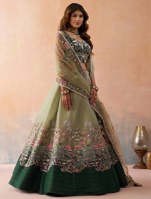 Green- Net Sequins Embroidered Omber Green and LimeGreen Semi-Stitched Lehenga choli & Dupatta 3